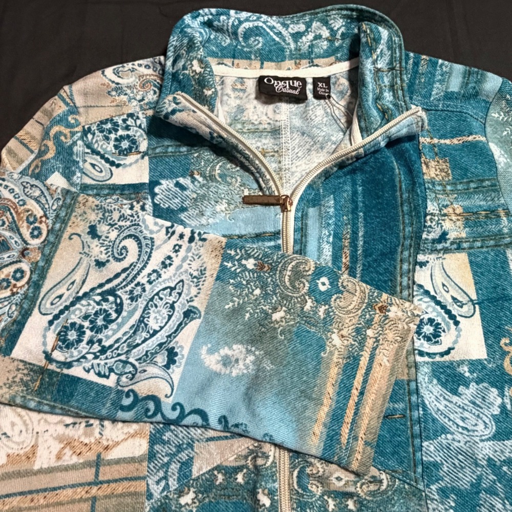 Onque Casual Womens XL Blue Paisley Patchwork Full Zip Knit Jacket Boho - Picture 2 of 6